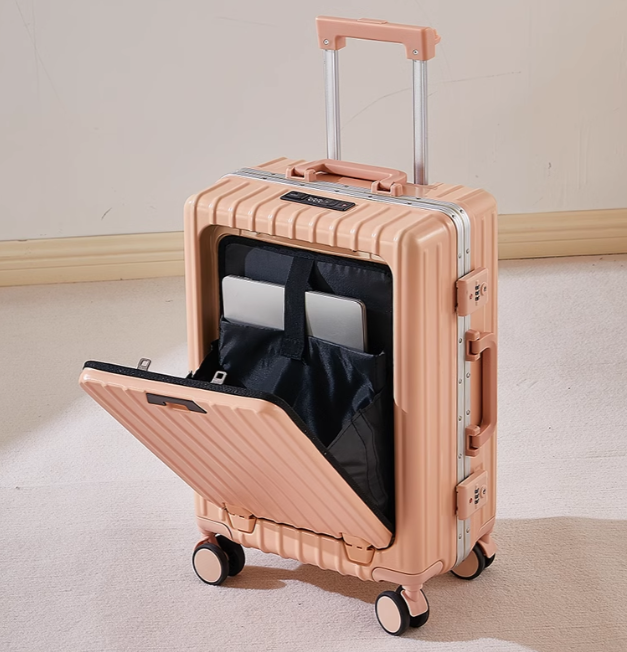 Multifunctional Luggage with USB Charging Port, Foldable Cup Holder, and Adjustable Phone Stand