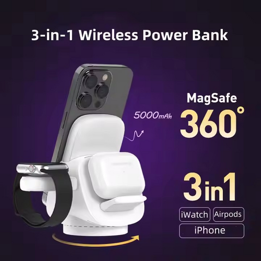 Multi-Functional 360° Wireless Charging Dock with Detachable 5000mAh Power Bank for Mobile, Smartwatch, and Earphones - OEM JQ137